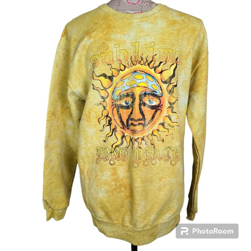 SUBLIME Size Medium Yellow Acid-Wash Hippie Sun Crewneck Sweatshirt Grunge NEW